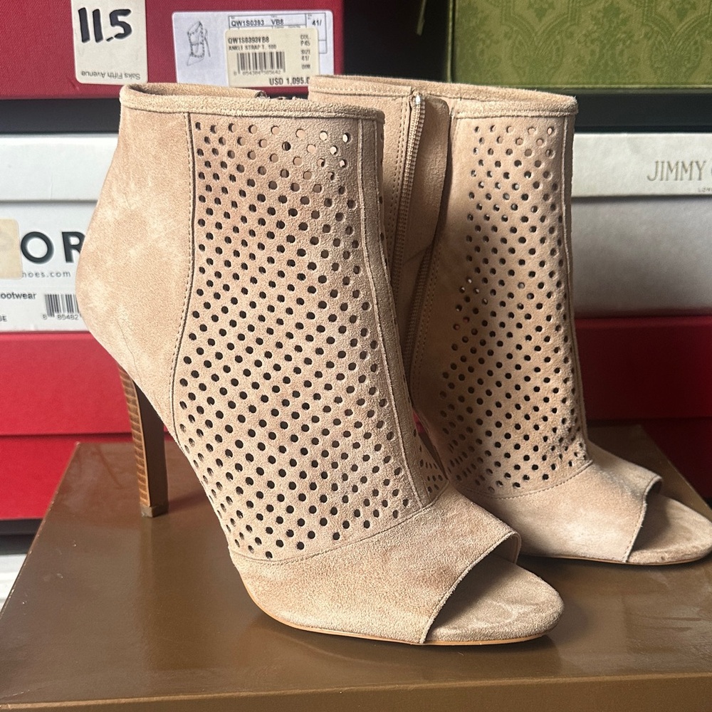 Audrey Brooke Beige Peep-Toe Heeled Boots